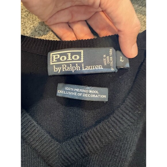 Polo Ralph Lauren Mens Large Black Merino Wool V-Neck Sweater - Picture 8 of 11